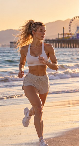 A coach running along the beach with a pier behind her